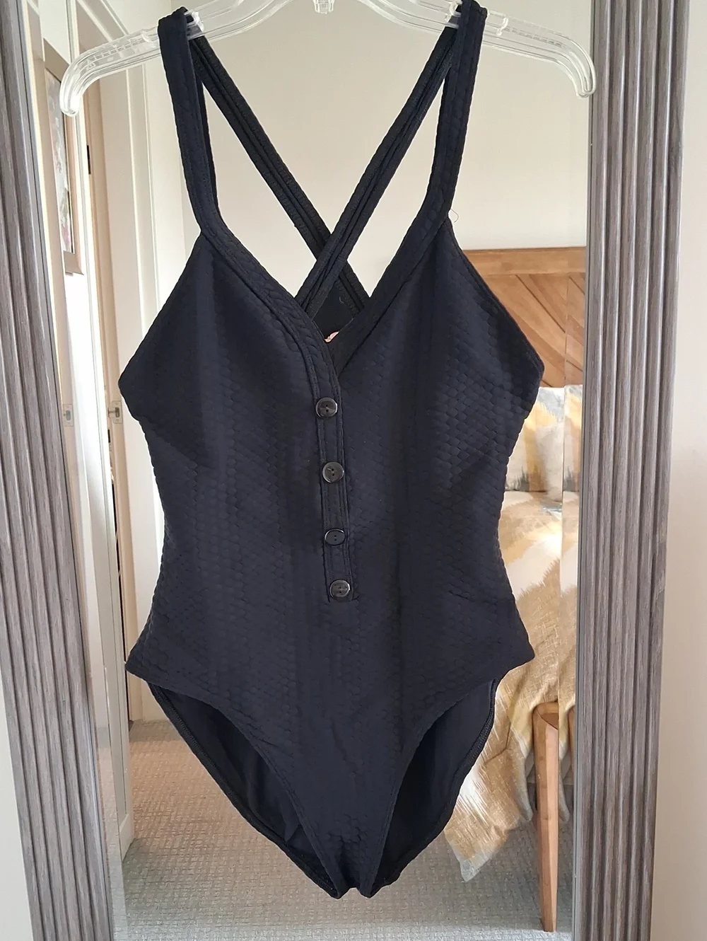 Trina Turk Black Textured Cross Back One Piece Swimsuit ** Size Large